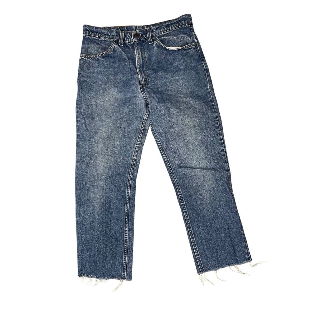 Levis Blue Jeans Vintage Denim Orange Tab 32 Raw Hem Leather Brand Patch